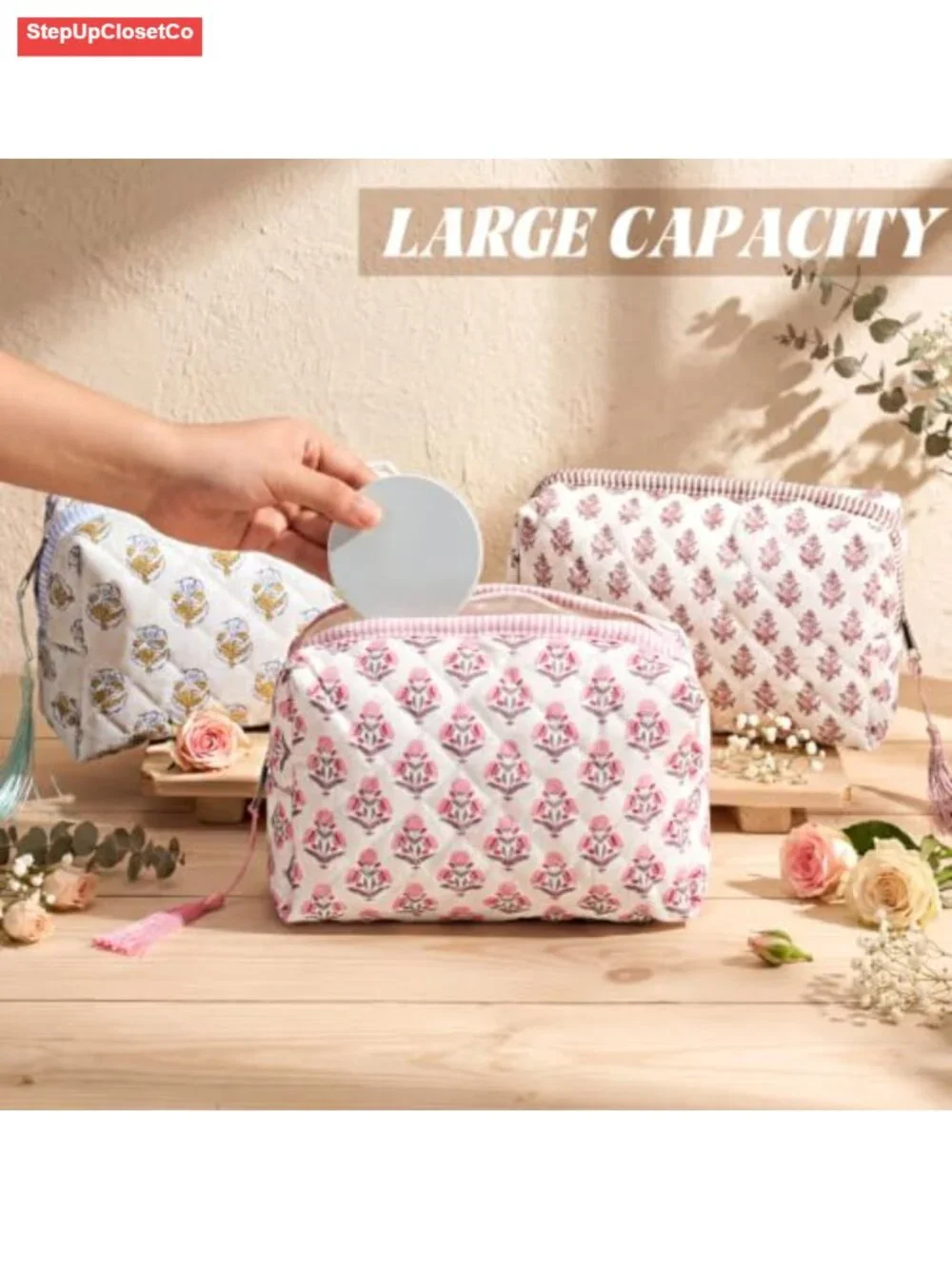 6 Piece Quilted Cotton Makeup Bags with Tassels Travel Toiletry Organizer Set